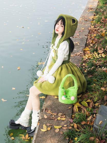 リトルフロッグ グリーン バブルスカート フリース 冬用オーバーオールドレス