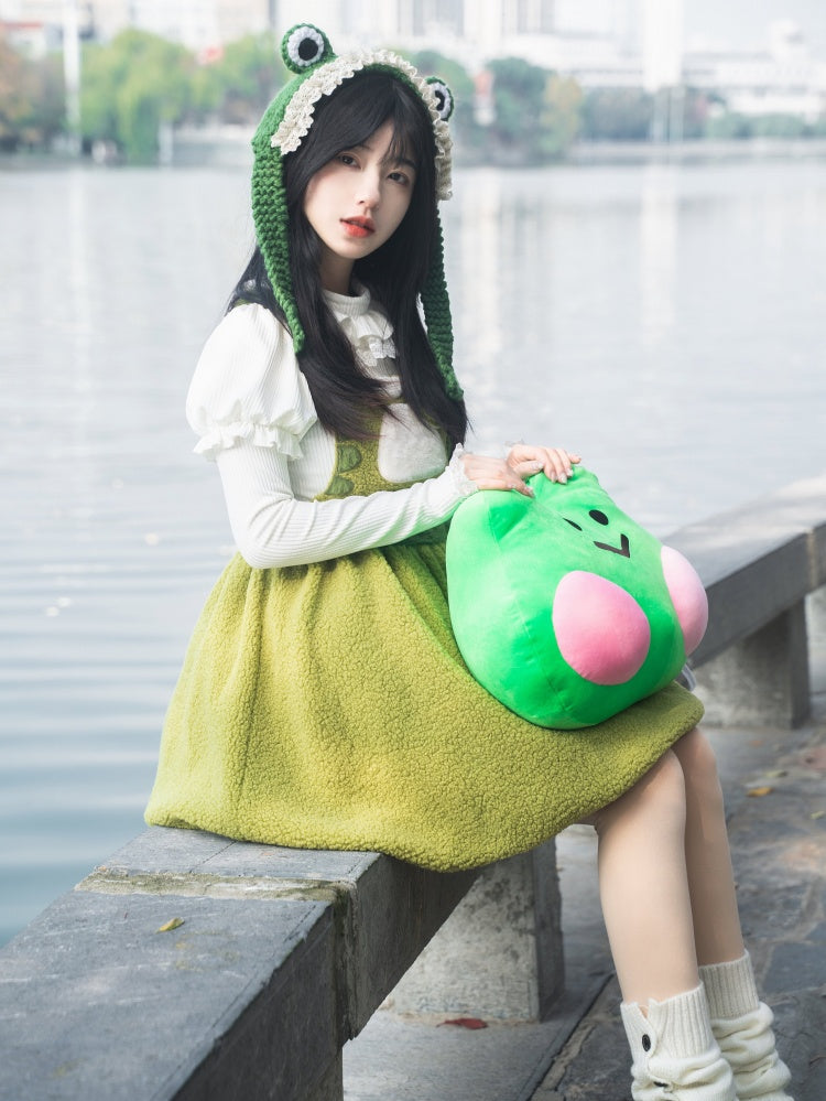 リトルフロッグ グリーン バブルスカート フリース 冬用オーバーオールドレス