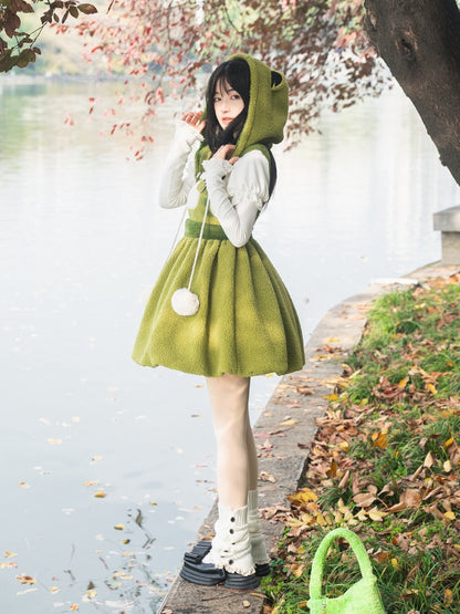 リトルフロッグ グリーン バブルスカート フリース 冬用オーバーオールドレス