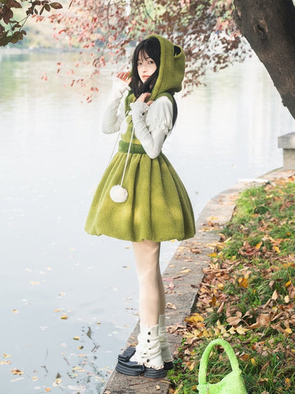 リトルフロッグ グリーン フリース 取り外し可能帽子