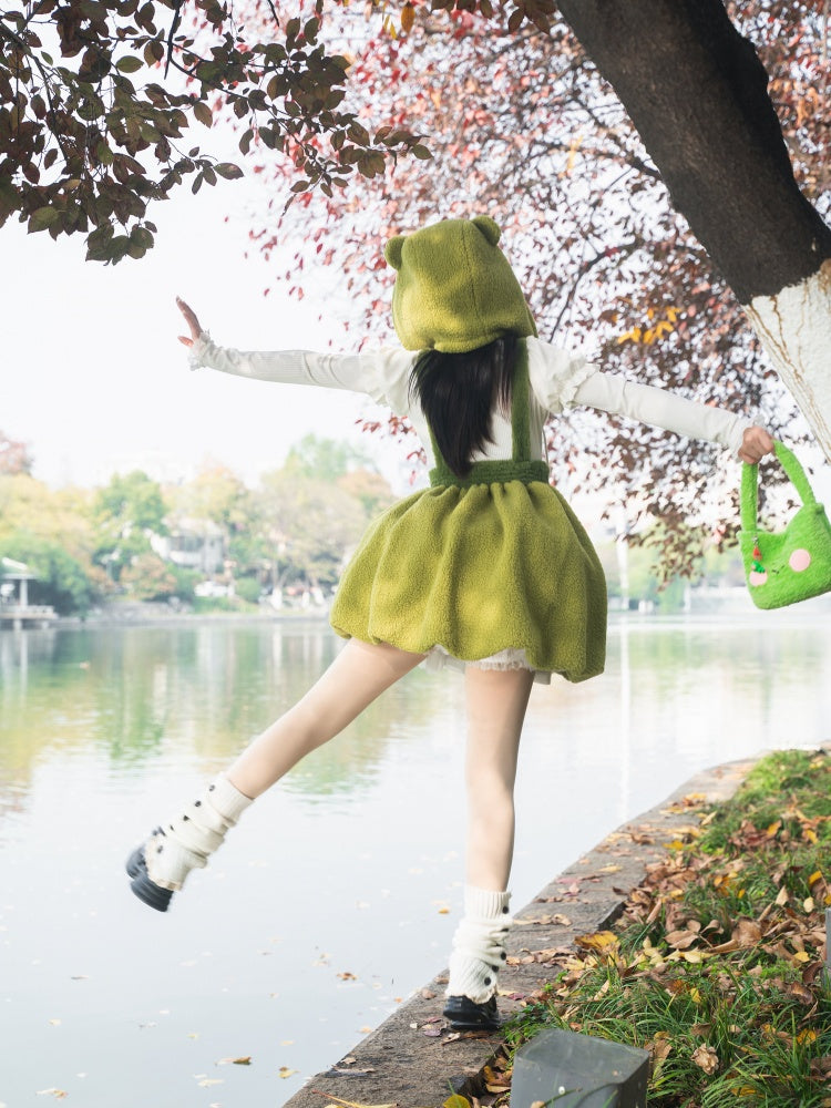 リトルフロッグ グリーン バブルスカート フリース 冬用オーバーオールドレス