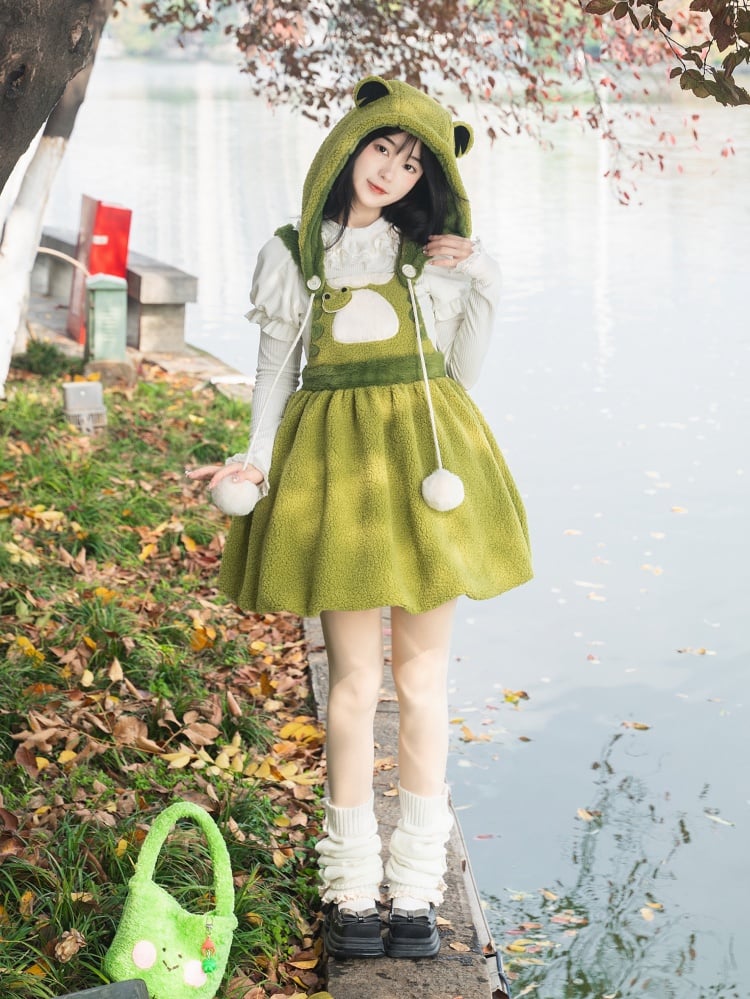 リトルフロッグ グリーン フリース 取り外し可能帽子