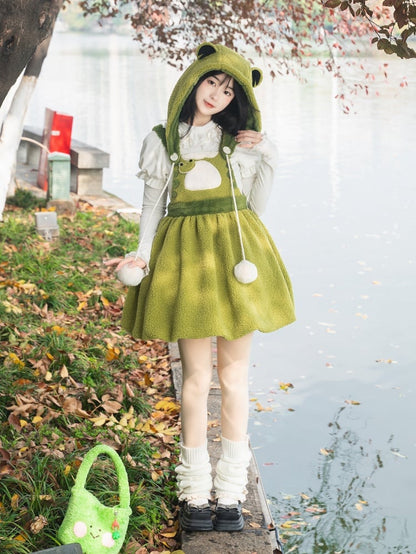 リトルフロッグ グリーン フリース 取り外し可能帽子