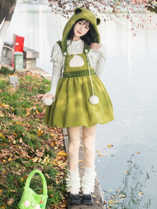 Little Frog Green Bubble Skirt Fleece Winter Overall Dress