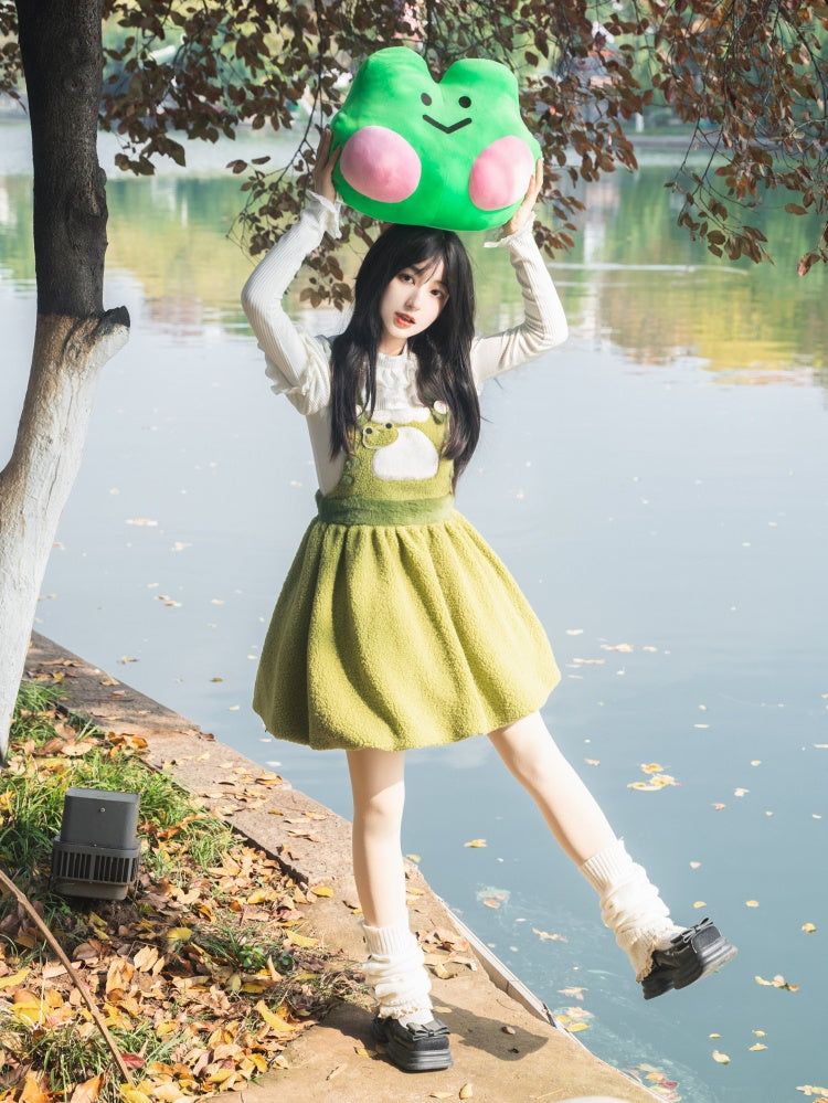 リトルフロッグ グリーン バブルスカート フリース 冬用オーバーオールドレス