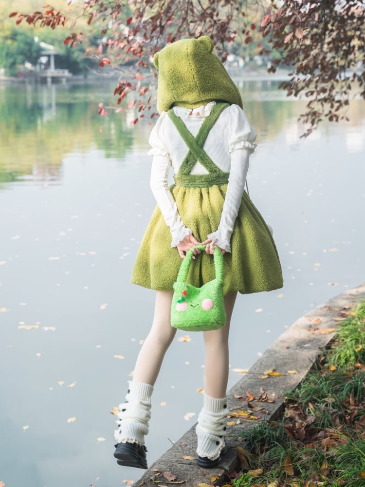 リトルフロッグ グリーン バブルスカート フリース 冬用オーバーオールドレス