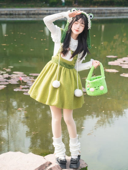 リトルフロッグ グリーン バブルスカート フリース 冬用オーバーオールドレス