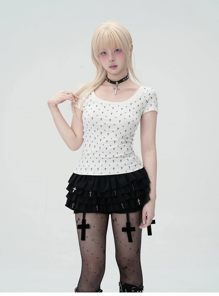 Cat Paw Print Cat Ears Gothic and Back at White Cross Detail T-Shirt Allover Pastel