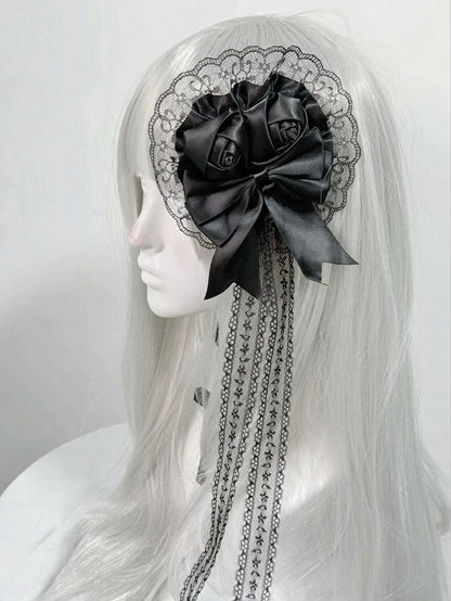 Black/White Lace Hairclip with Bow & Rose - Post-2000 Gift Shop