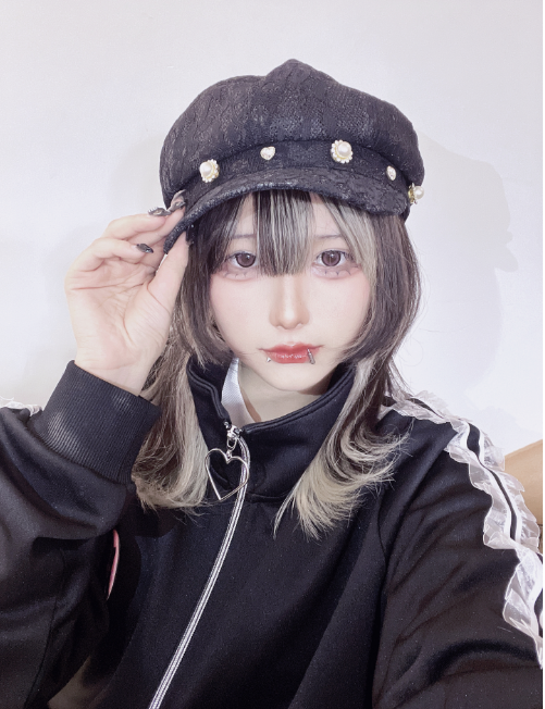 Bead Kei Black Eight-panel Embellishment Hat with Beret Rhinestone Lace Jirai