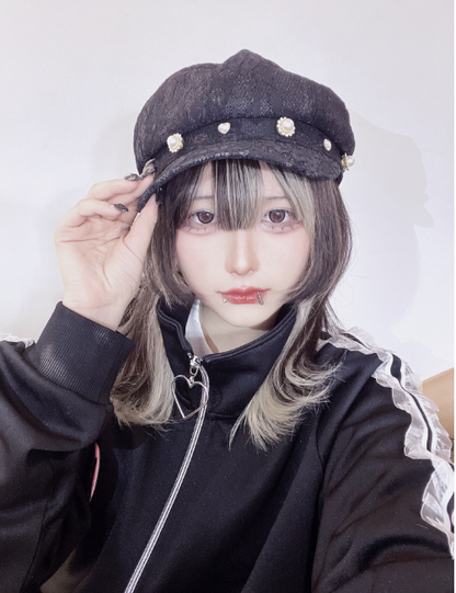 Bead Kei Black Eight-panel Embellishment Hat with Beret Rhinestone Lace Jirai