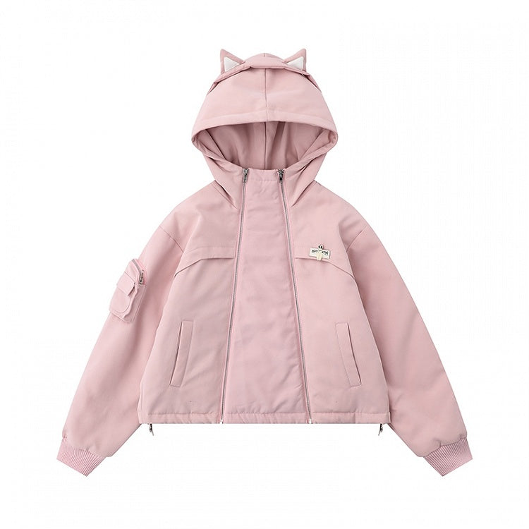 Black/Pink Zips Cat Ears Hood Thick Zip Hoodie