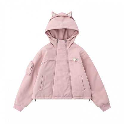 Black/Pink Zips Cat Ears Hood Thick Zip Hoodie