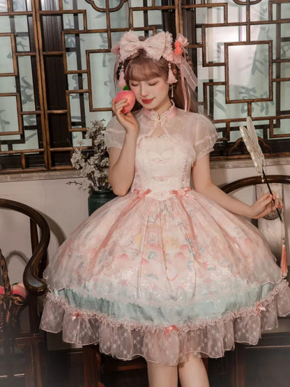 Rosa Lolita-Kleid mit baskischer Taille, Pfirsich- und Pfirsichblüten-Print JSK