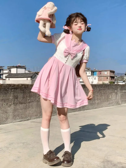 Pleat Bowknot Ears Bunny Collar Sailor Dress Pink Cute and White Box Skirt