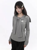 Kawaii Grey Puffy Mouse Print Waist-cinching Long Sleeve Top with Shawl - PINK SAVIOR