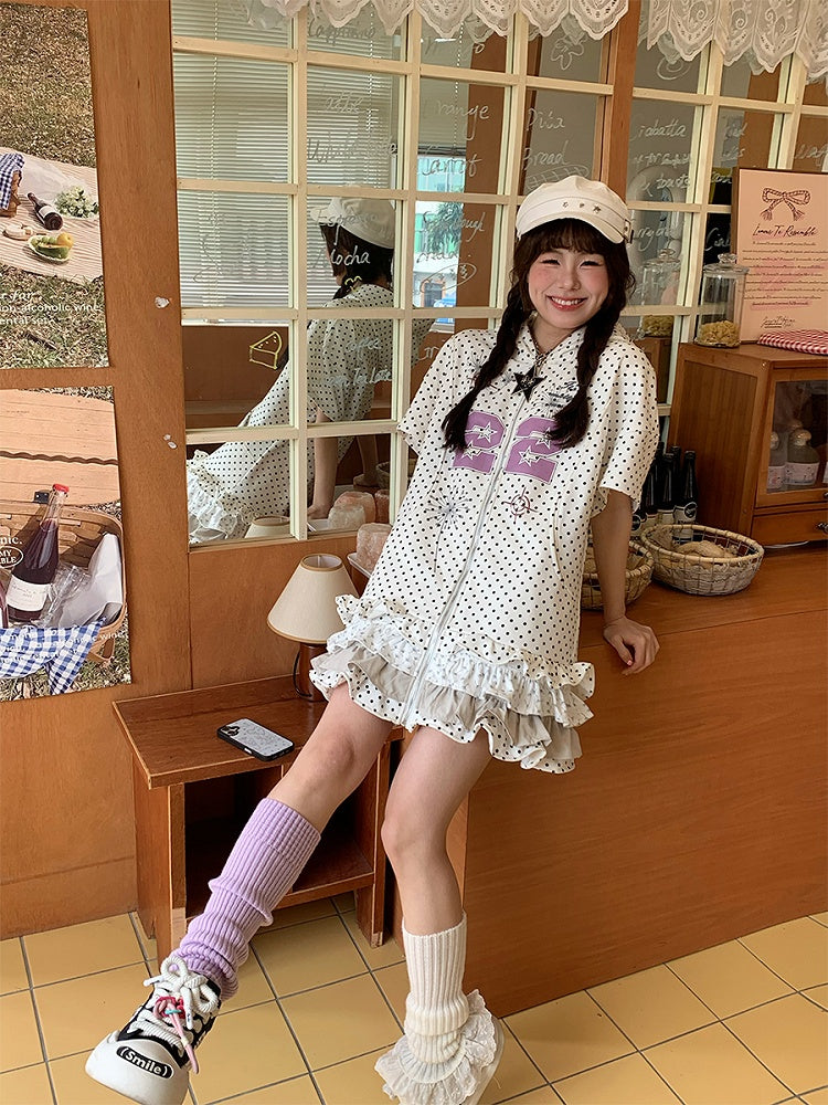 Hoodie Number White Print and with Dots Tiered Ruffles Dress Polka