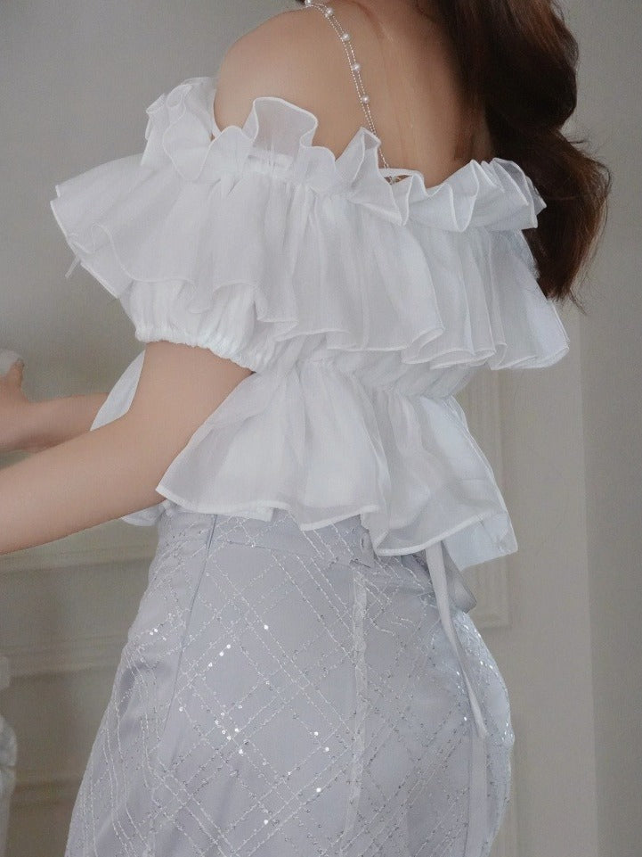 White Ruffle Chiffon Cami with Beaded Straps - Smyster