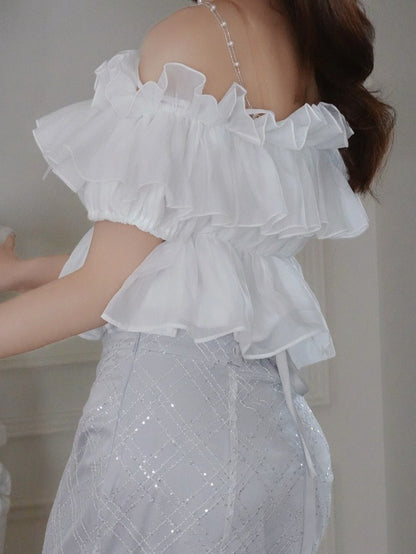 White Ruffle Chiffon Cami with Beaded Straps - Smyster