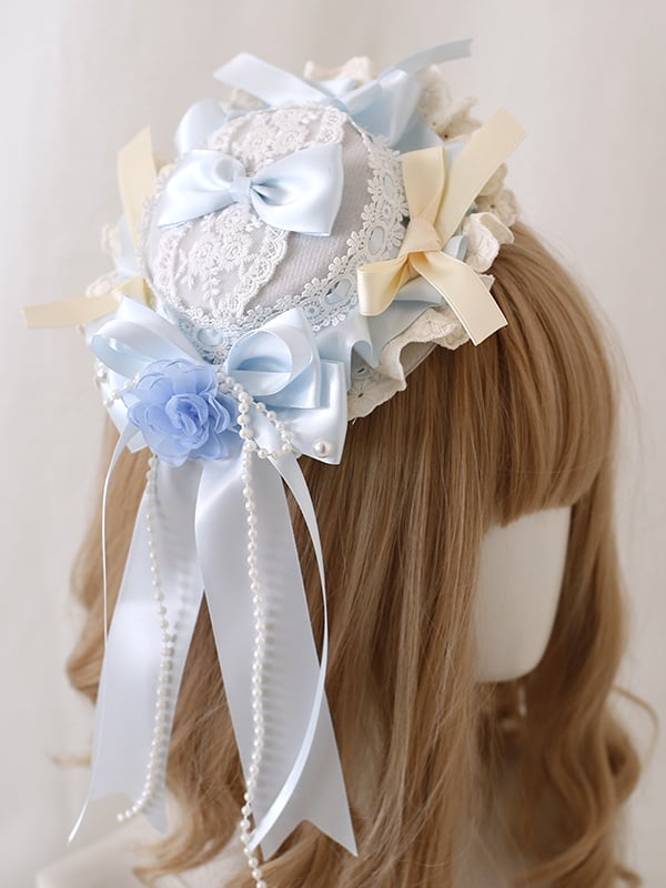 Mini Lolita Bead Blue And Lace Elegant Gorgeous Flower Chain With Bowknot Hat