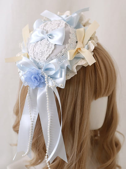 Mini Lolita Bead Blue And Lace Elegant Gorgeous Flower Chain With Bowknot Hat