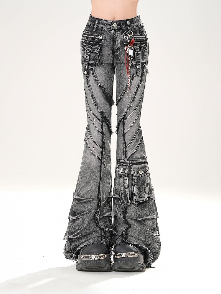 Wash Flared Jeans Cargotaschen Roher Saum Distressed Faded Schwarz