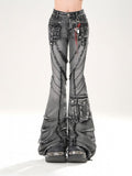 Wash Flared Jeans Cargotaschen Roher Saum Distressed Faded Schwarz