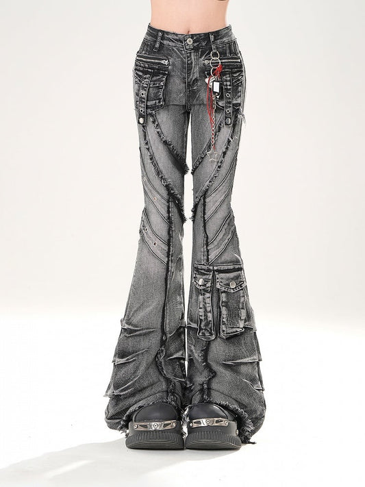 ウォッシュフレアジーンズ カーゴポケット 切りっぱなし裾 ダメージ加工 フェードブラック