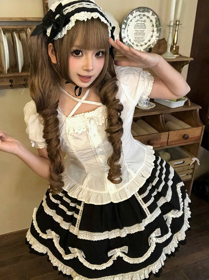 Black & White Bow Lace-Trimmed Skirt - Hana Studio