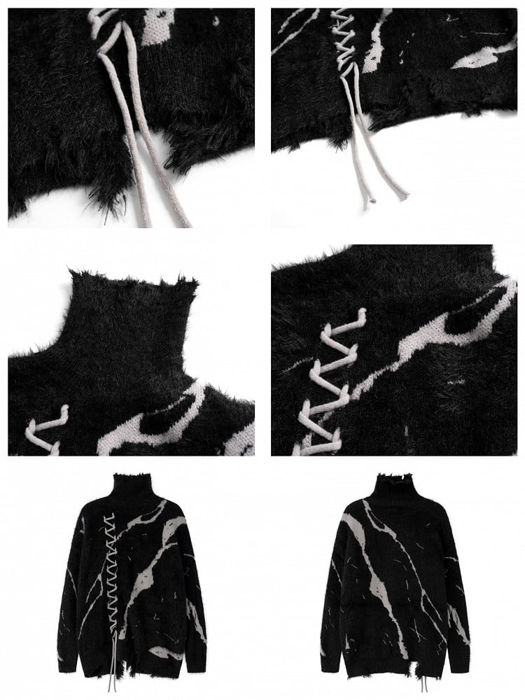 Vintage Dark Aesthetic Turtle Neck Sweater with Lace-Up Design