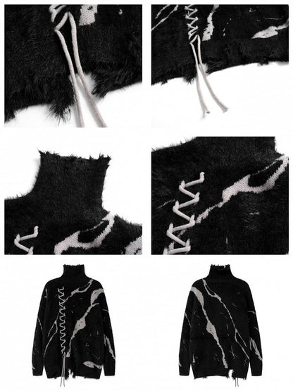 Vintage Dark Aesthetic Turtle Neck Sweater with Lace-Up Design