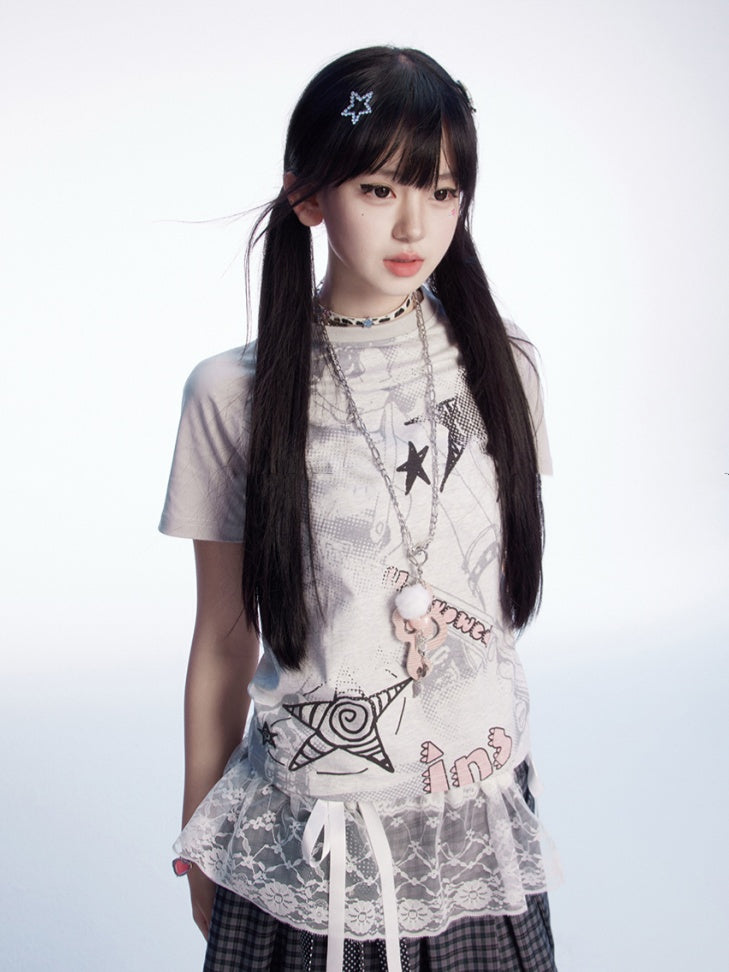 Gray Colorblock Design Y2K Print Slim-fitting T-shirt