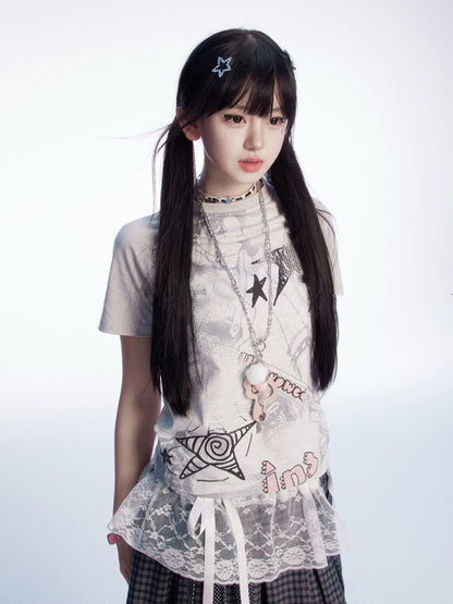 Gray Colorblock Design Y2K Print Slim-fitting T-shirt