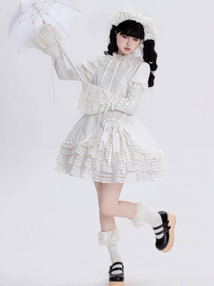 All White Ruff Collar Old School Long Sleeves Shiro Lolita Dress