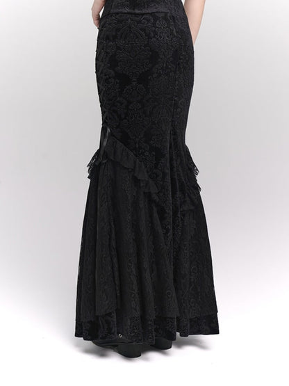 Schwarzer Meerjungfrauenrock aus Samt mit Schnürdetail an der Seite