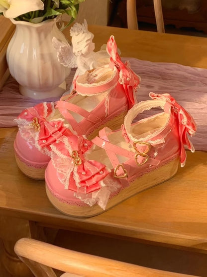 Dark Pink Removable Organza Bow Accents Hanayome Lolita Platform Shoes