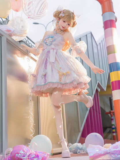 Mit Süßigkeiten verziertes lila Trägerkleid mit Perlen, süßes JSK und Lolita-Spaghetti-Licht