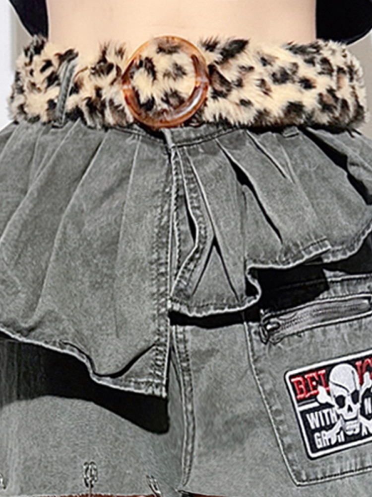 Asymmetrical Skeleton Graphics Cross Skirt Gray Denim and with