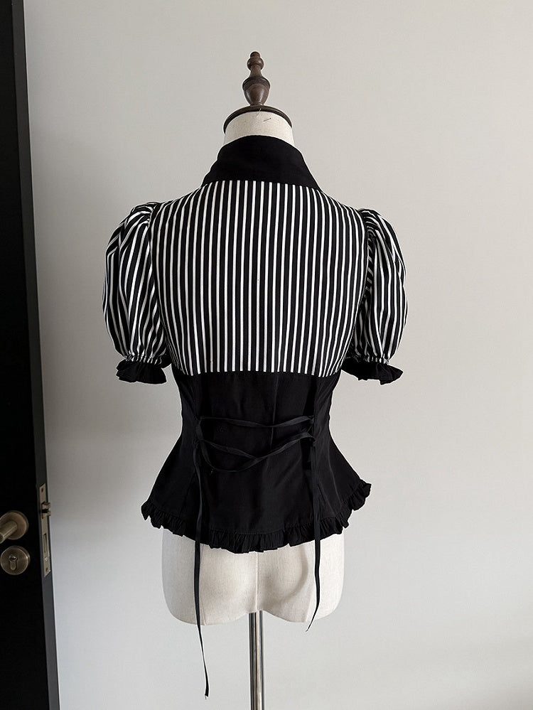 Black Stripes Short Puff Sleeve Gothic Lolita Blouse - Flower Fairy Daily