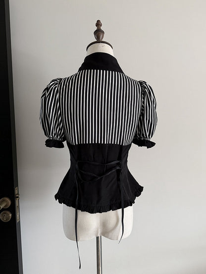 Black Stripes Short Puff Sleeve Gothic Lolita Blouse - Flower Fairy Daily