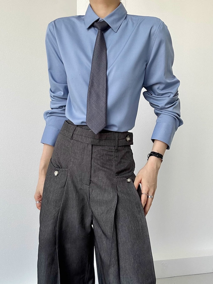 Ouji Long Collar Modal with Flat Unisex Shirt Dusty Blue Sleeve Cuffs Button Pointed Lolita