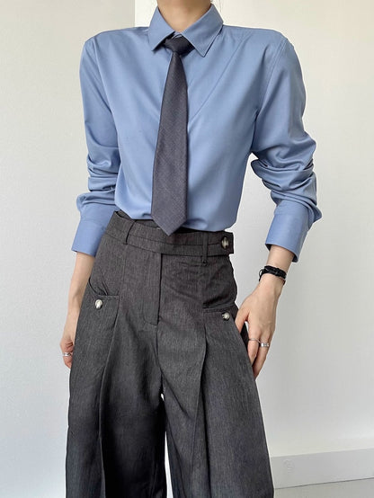 Ouji Long Collar Modal with Flat Unisex Shirt Dusty Blue Sleeve Cuffs Button Pointed Lolita