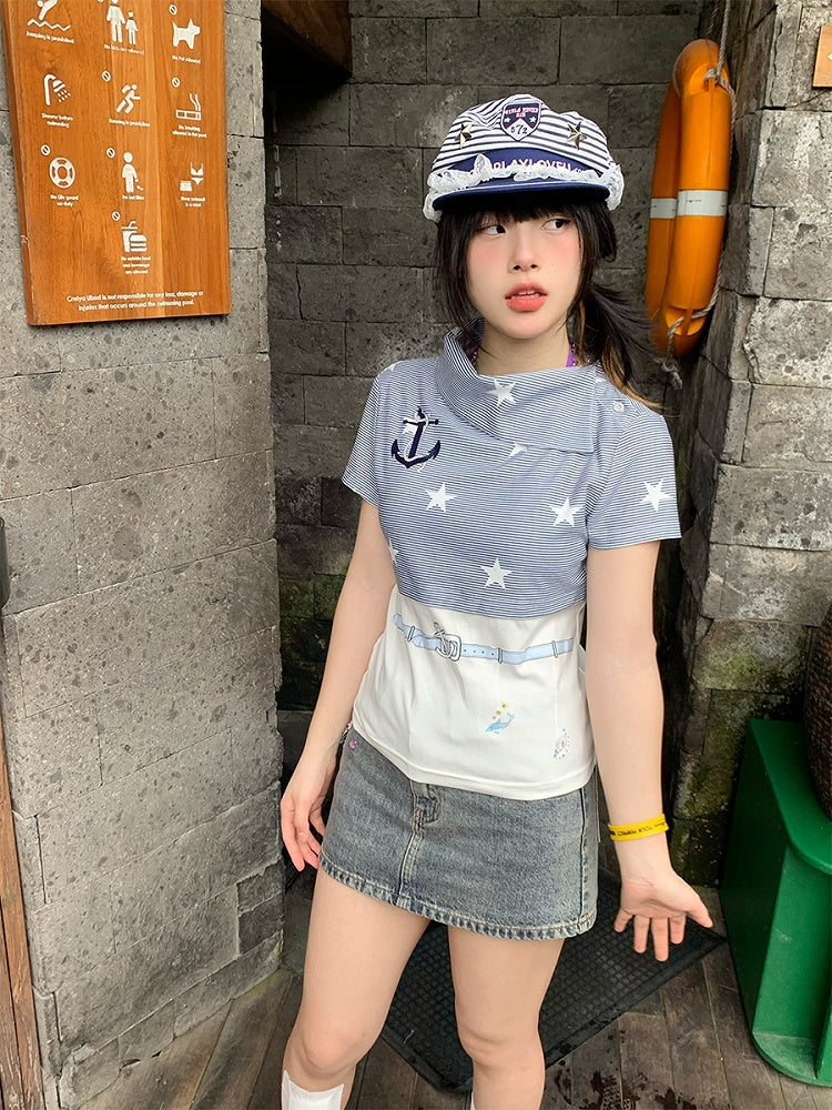 Star Print T-Shirt Blue with and White Stripes Navy Style