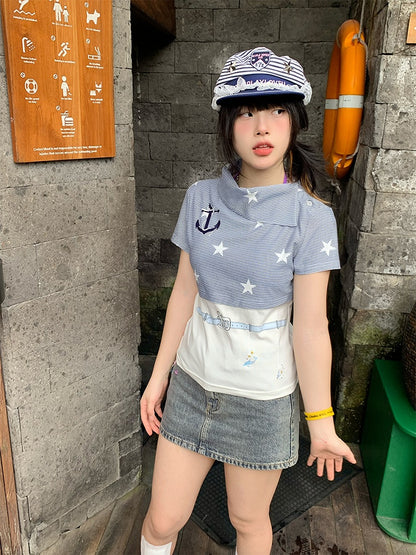 Star Print T-Shirt Blue with and White Stripes Navy Style