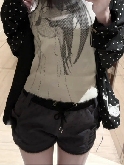 Polka White Dots Print Black and Graphic T-Shirt with Cartoon