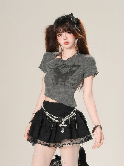 Letter Print Glamourous T-Shirt - Gray Bittersweet Crop Dark Butterfly
