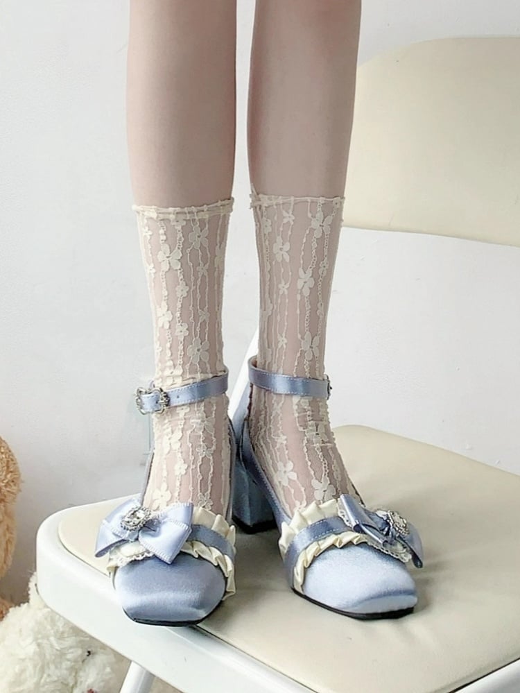 Elegant in Blue Janes Ruffle Loltia Toe Crystal Mary Bow Edging Mid-heel Satin with Square Embellished