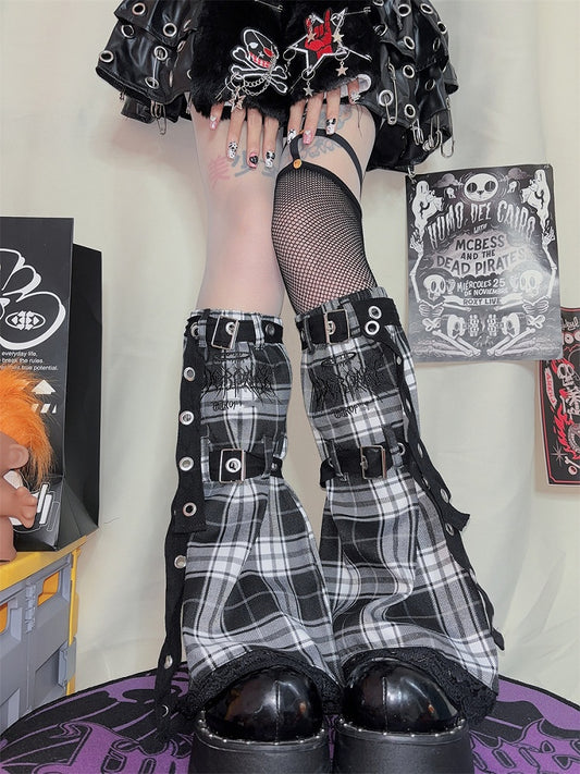 ブラック＆ホワイト/ピンク/ブルー/ブラック＆グレーのチェック柄レッグウォーマー（バックルストラップ付き）