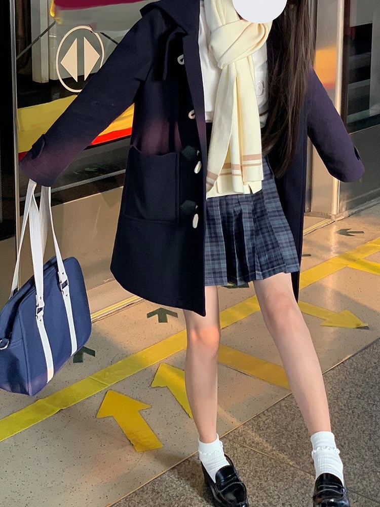 in Duffle Coat Blue Style JK Uniform Hooded Navy Preppy