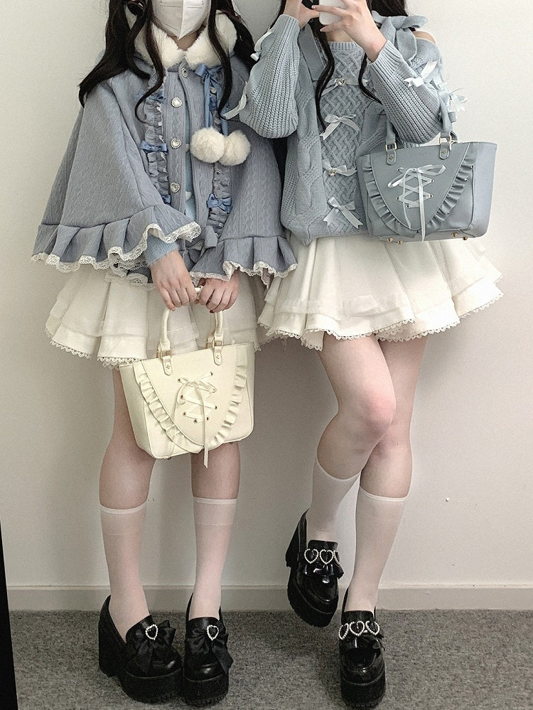 Blue Bow Accents Cutout Shoulder Landmine Style Sweater